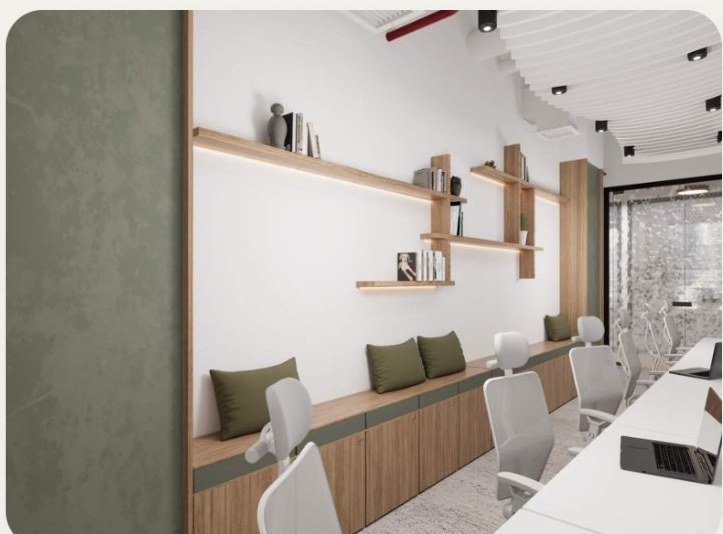 The recreation zone and café with soft seating and city views.
