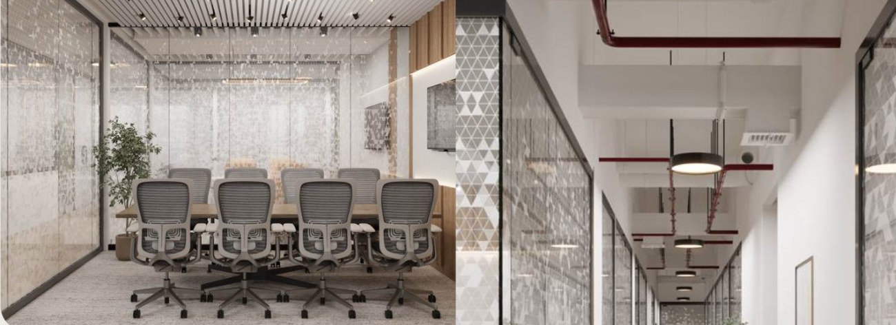 An eight-seat meeting room behind a glazed partition.