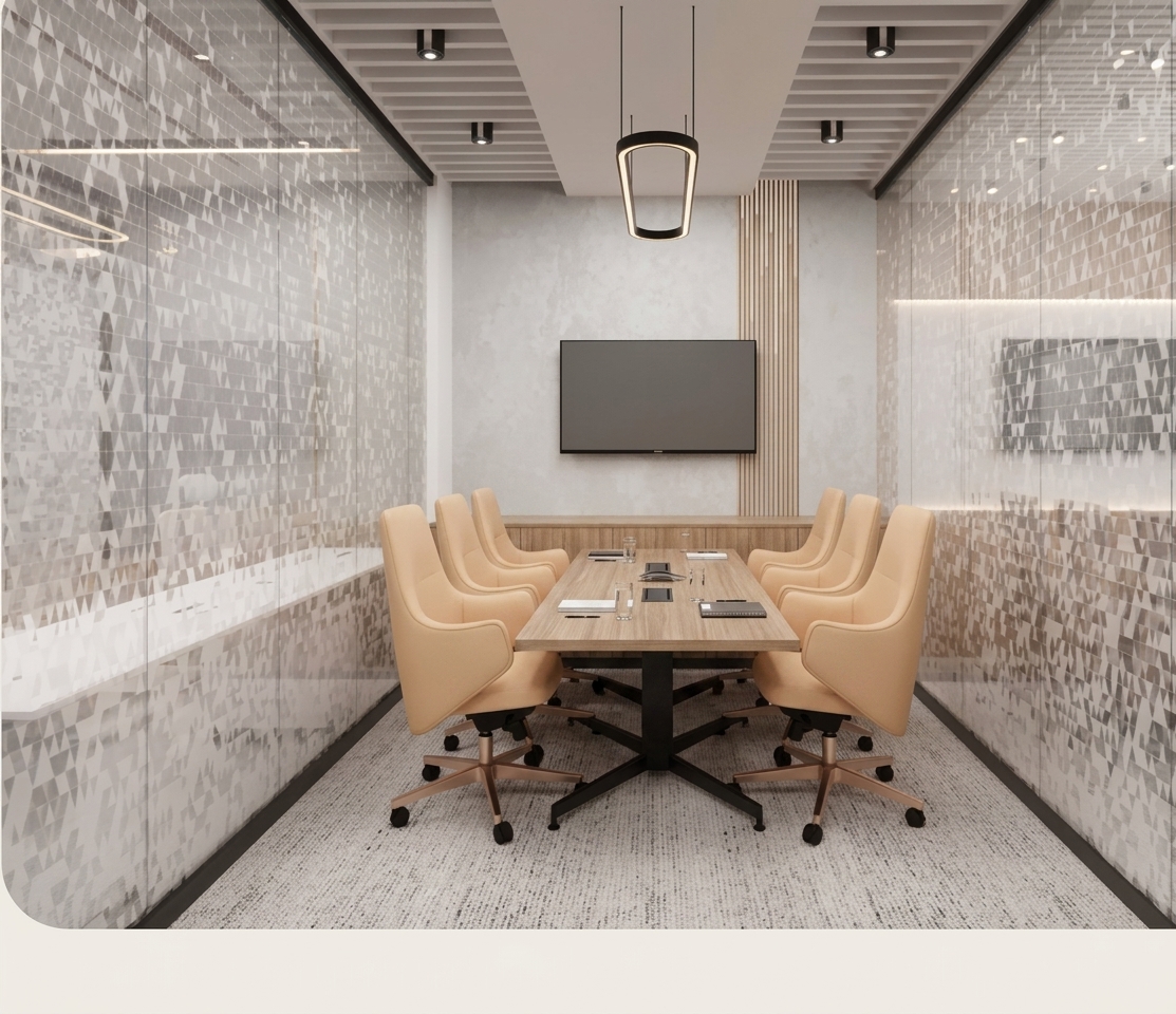 A seven-seat meeting room with a wall display.