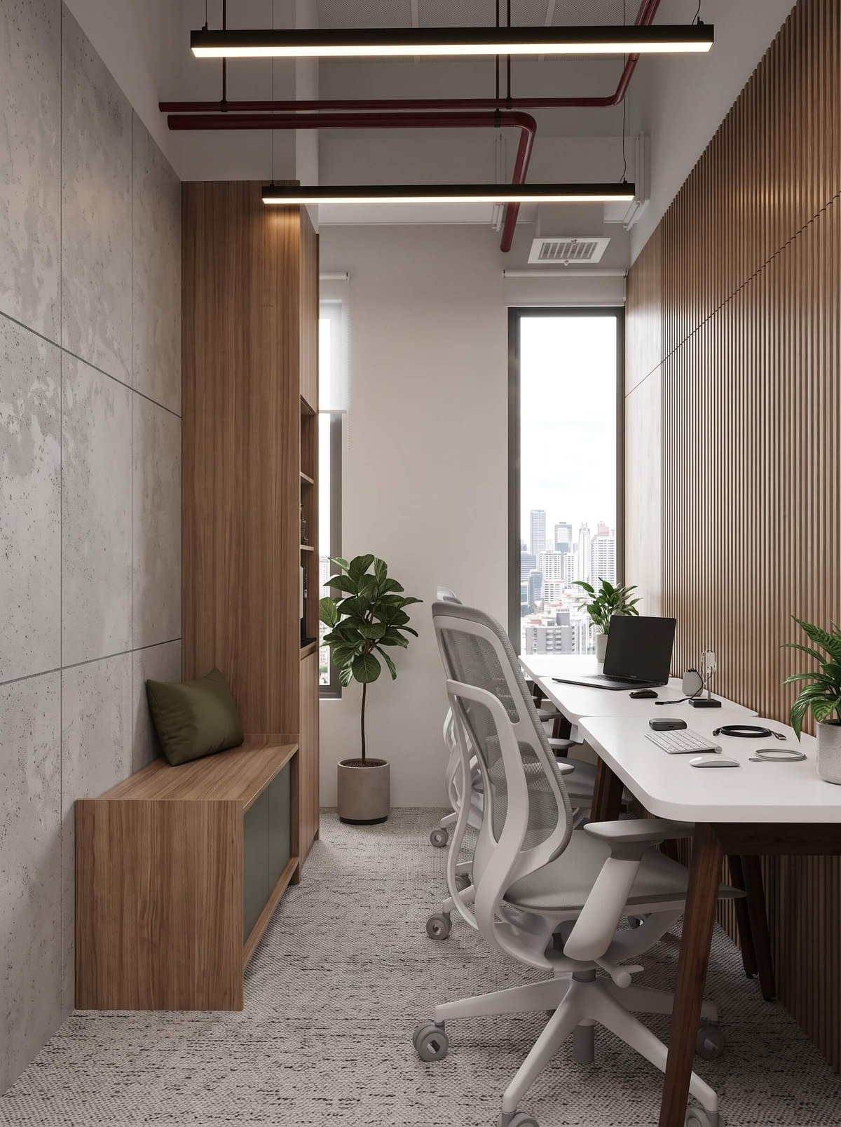 A private suite with a desk run, mesh chairs and a timber bench.