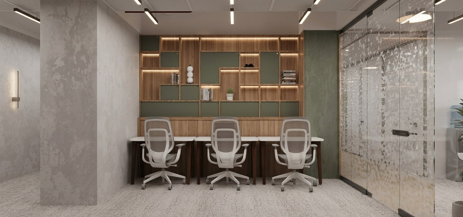 A private suite with a shared bench desk and olive joinery.