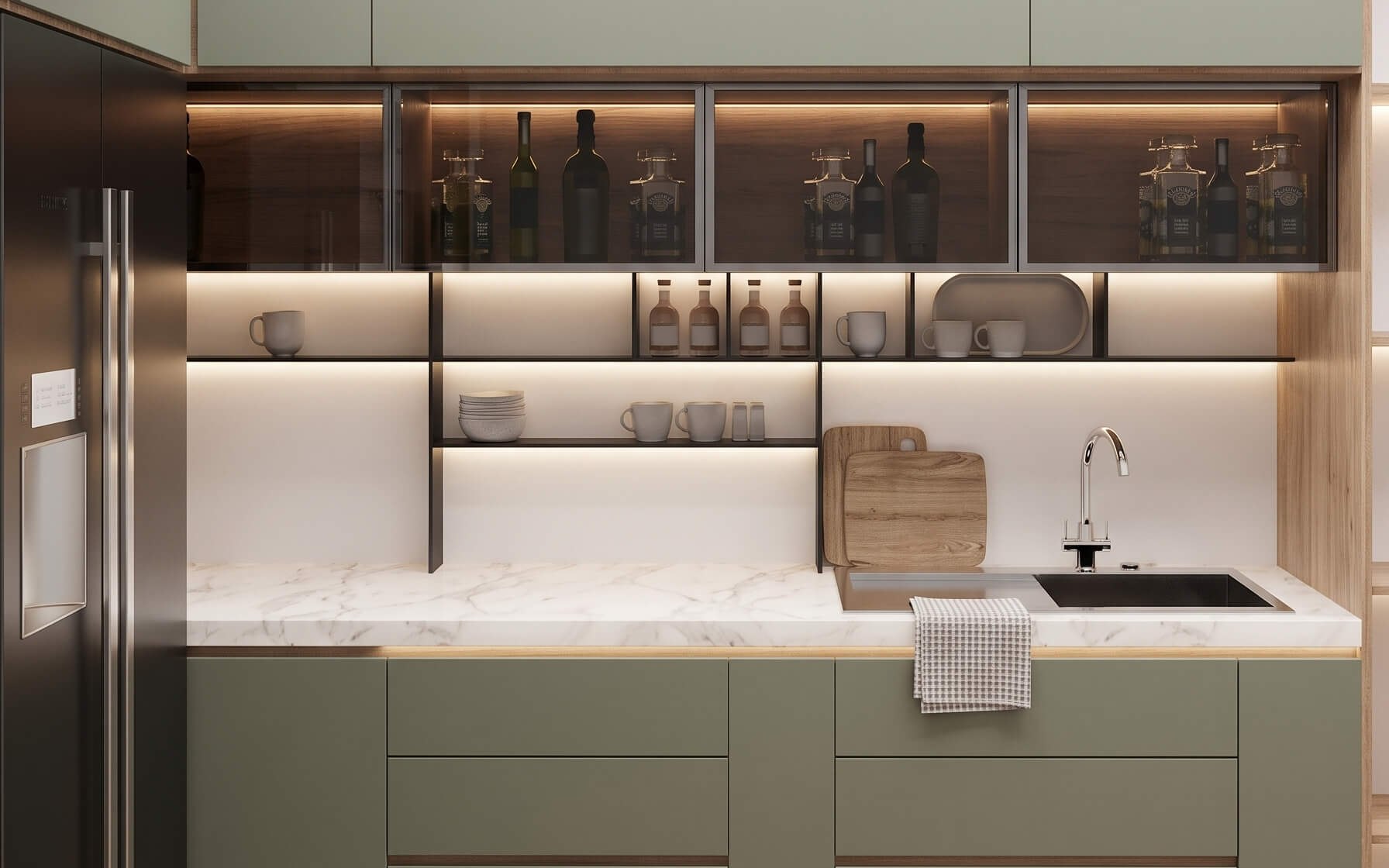 The pantry — olive cabinetry, marble counter and lit shelving.