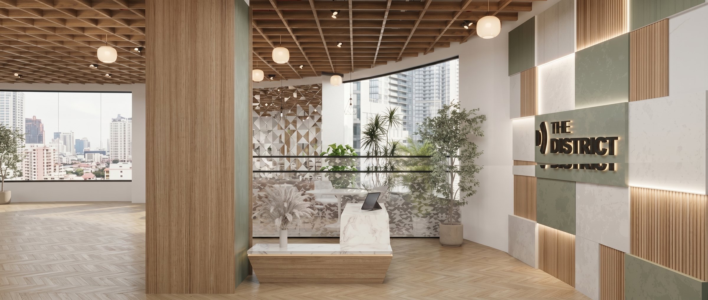 The staffed reception and lobby, with the signage wall in travertine and olive.