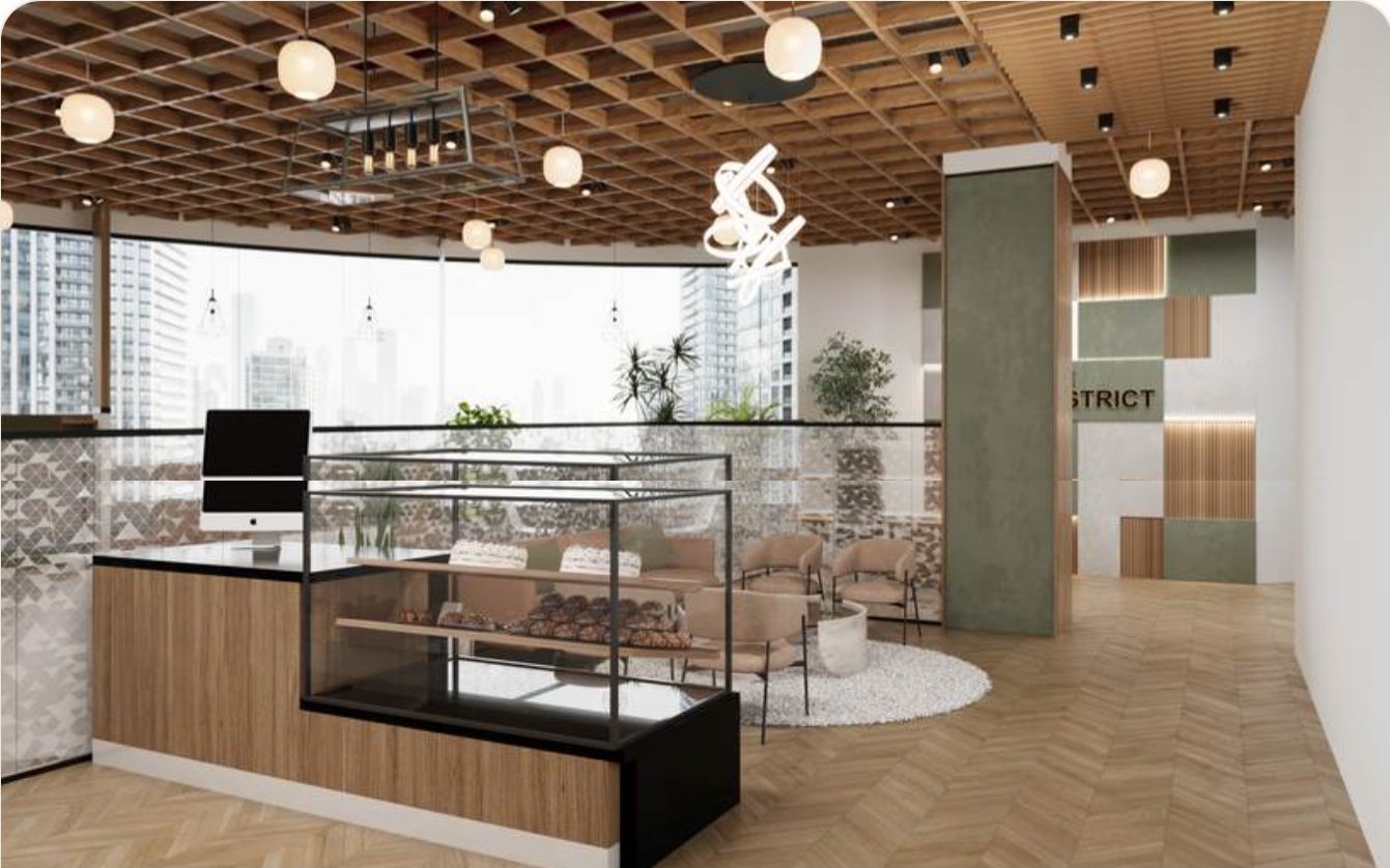 The chill lounge with soft seating and city views.