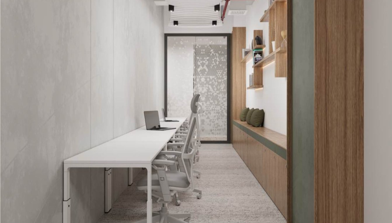 The interactive workspace area with a long shared bench.